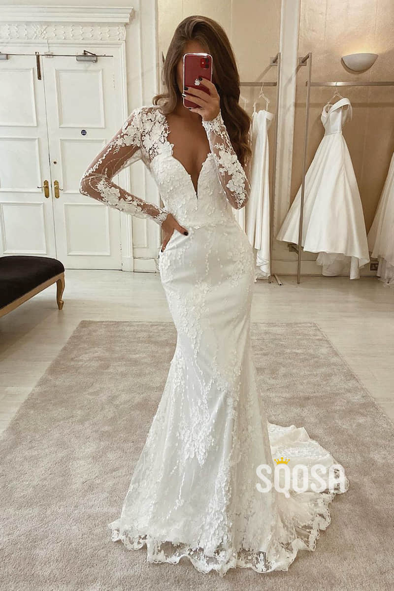 Mermaid/Trumpet Wedding Dress V-neck Illusion Long Sleeves Lace Weddin –  SQOSA