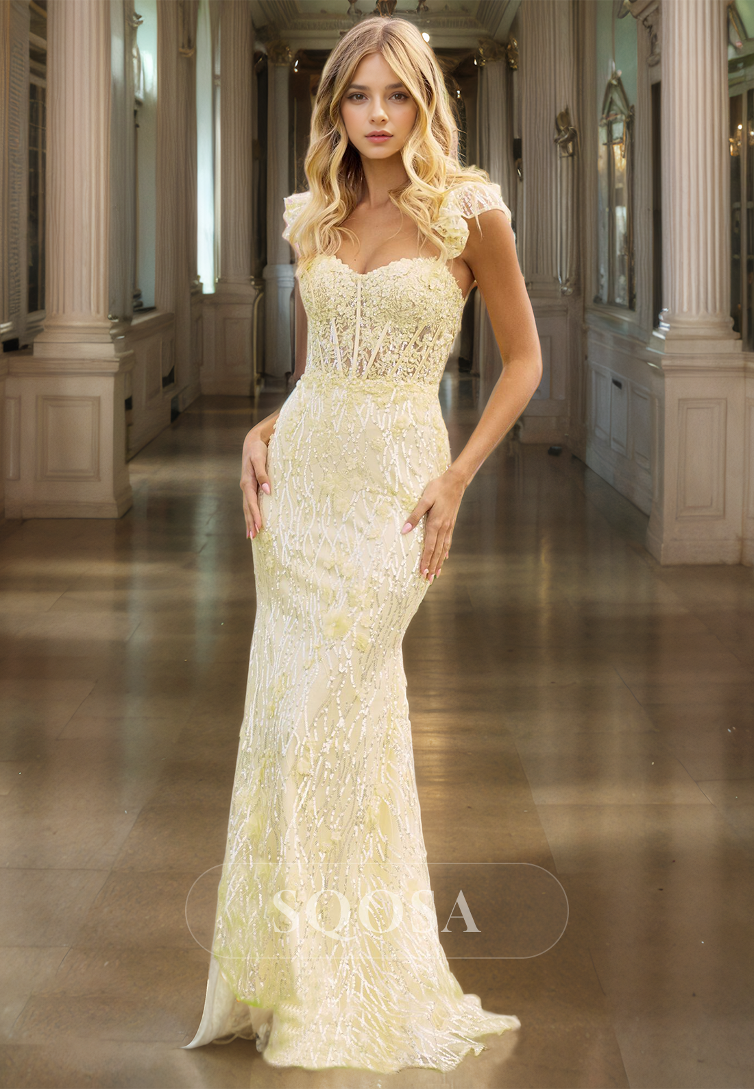 Sheath Sweetheart Lace Yellow Long Prom Dress