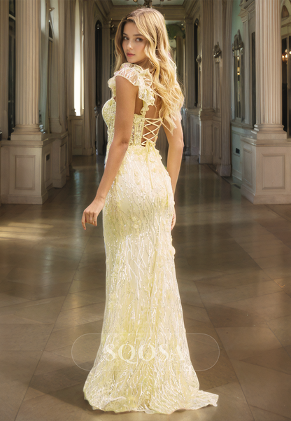 Sheath Sweetheart Lace Yellow Long Prom Dress