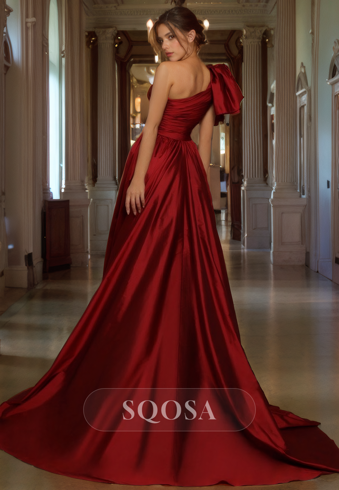 Sheath One Shoulder Satin Pleats Burgundy Prom Dress with Slit Formal Gown