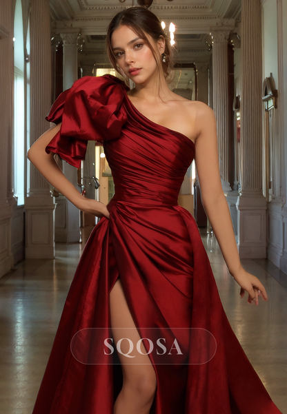 Sheath One Shoulder Satin Pleats Burgundy Prom Dress with Slit Formal Gown