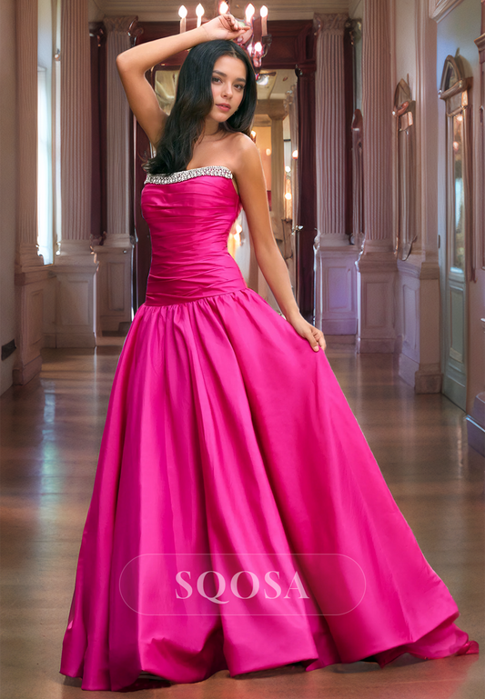 A Line Strapless Beads Satin Pleats Pink Prom Dress Floor Length Party Gown