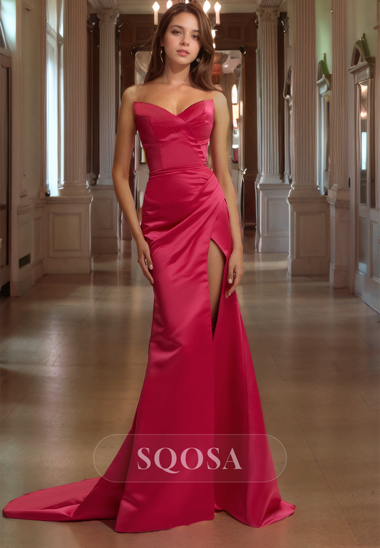 Sexy V Neck Satin Pleats Long Prom Dress with Slit Formal Gown