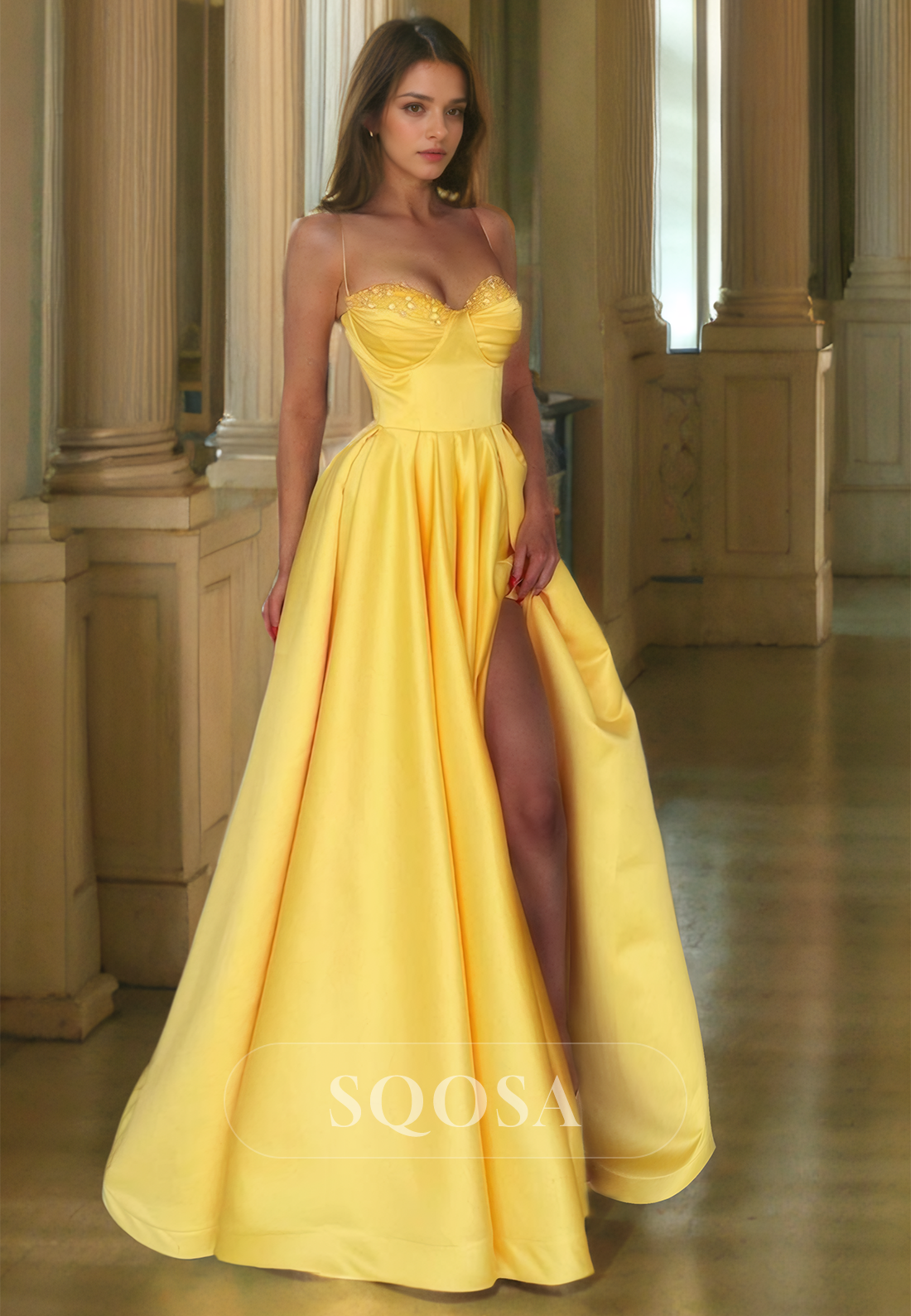 A Line Sweetheart Beads Satin Yellow Prom Dress with Slit Formal Gown