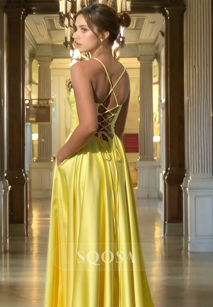 A Line Plunging V neck Satin Yellow Prom Dress with Pockets Side Slit Party Gown