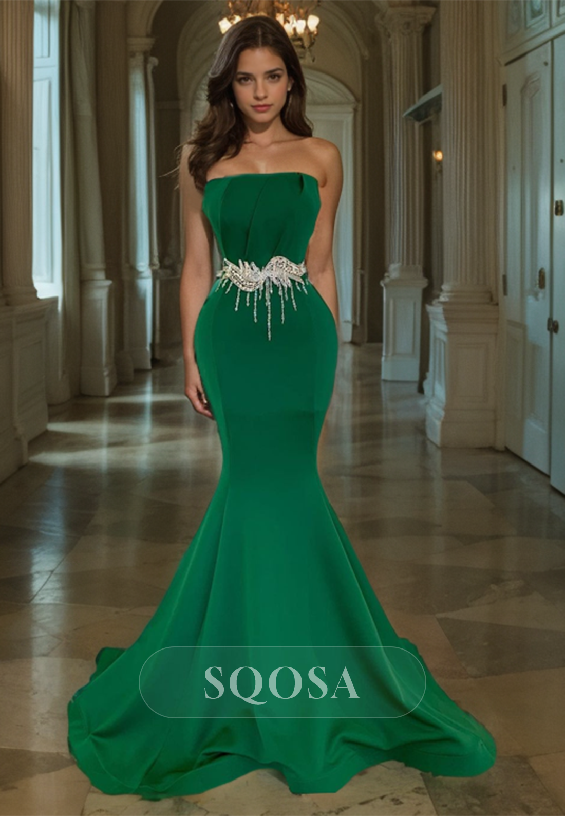 Mermaid Strapless Crystal Sashes Green Prom Dress with Train Formal Gown