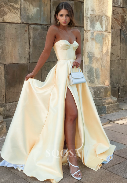 Sexy Sweetheart Sleeveless A-Line Long Prom Dress with Stain High Slit Evening Party