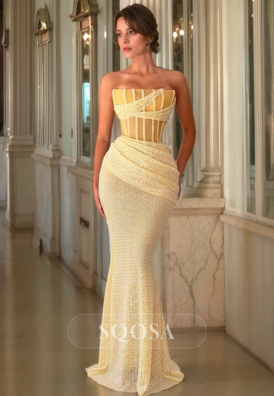 Ornate Sleeveless Tube Top Glitter-Knit Mermaid Formal Evening Prom Dress Floor Length Party Gown