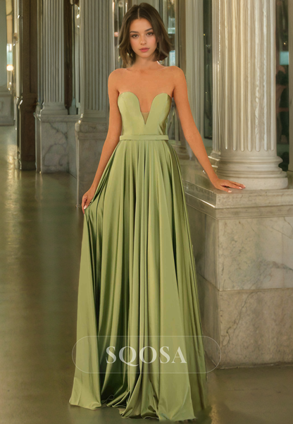 A-Line V-Neck Sleeveless Satin Floor Length Prom Dress for Formal Evening Party