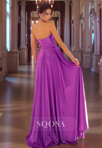 A-Line V-Neck Sleeveless Satin Floor Length Prom Dress for Formal Evening Party