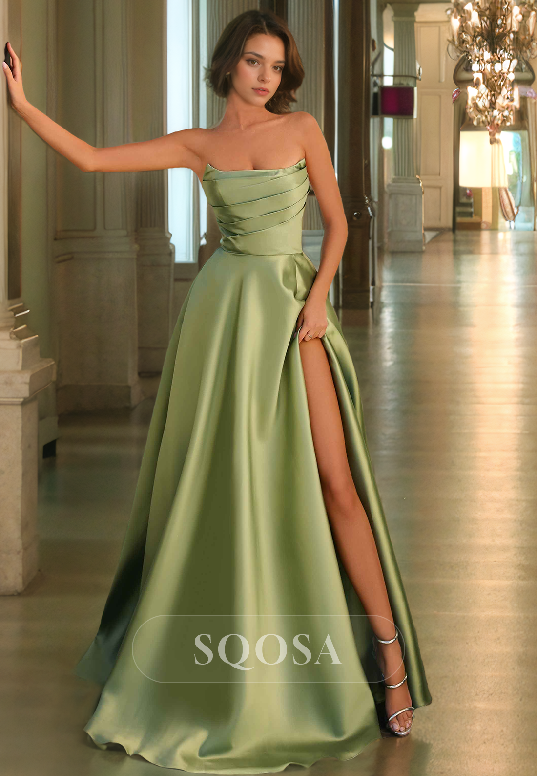 A-Line Tube Top Sleeveless Satin Prom Dress with Slit Floor Length Party Gown