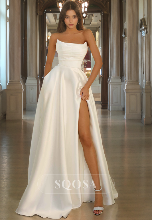 A-Line Tube Top Sleeveless Satin Prom Dress with Slit Floor Length Party Gown