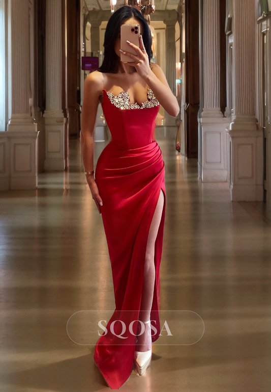 Sweetheart Sleeveless Fitted Satin with Slit Long Prom Dress Rhinestone Formal Evening