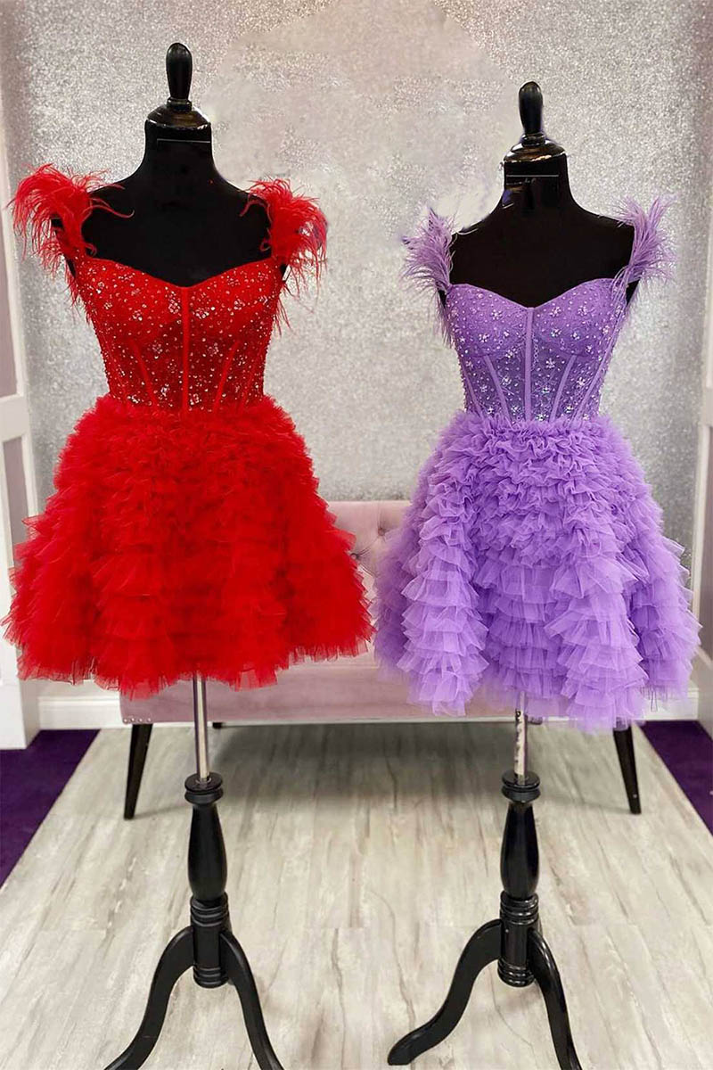 A line Sweetheart Tulle Ruffles Cute Short Homeocming Dress QH2467