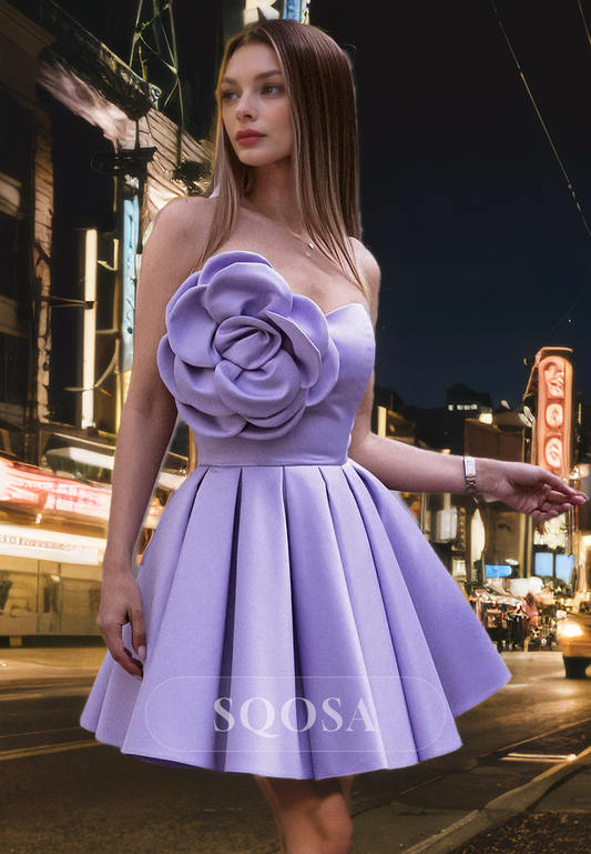 A Line Beautiful Flowers Satin Homecoming Dress Short Prom Party Dress