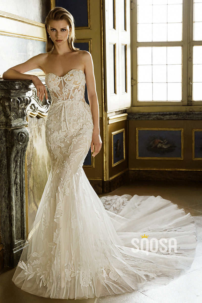 Illusion Mermaid Strapless Applique Sweep Train Wedding Dress Bridal Gowns QW8039