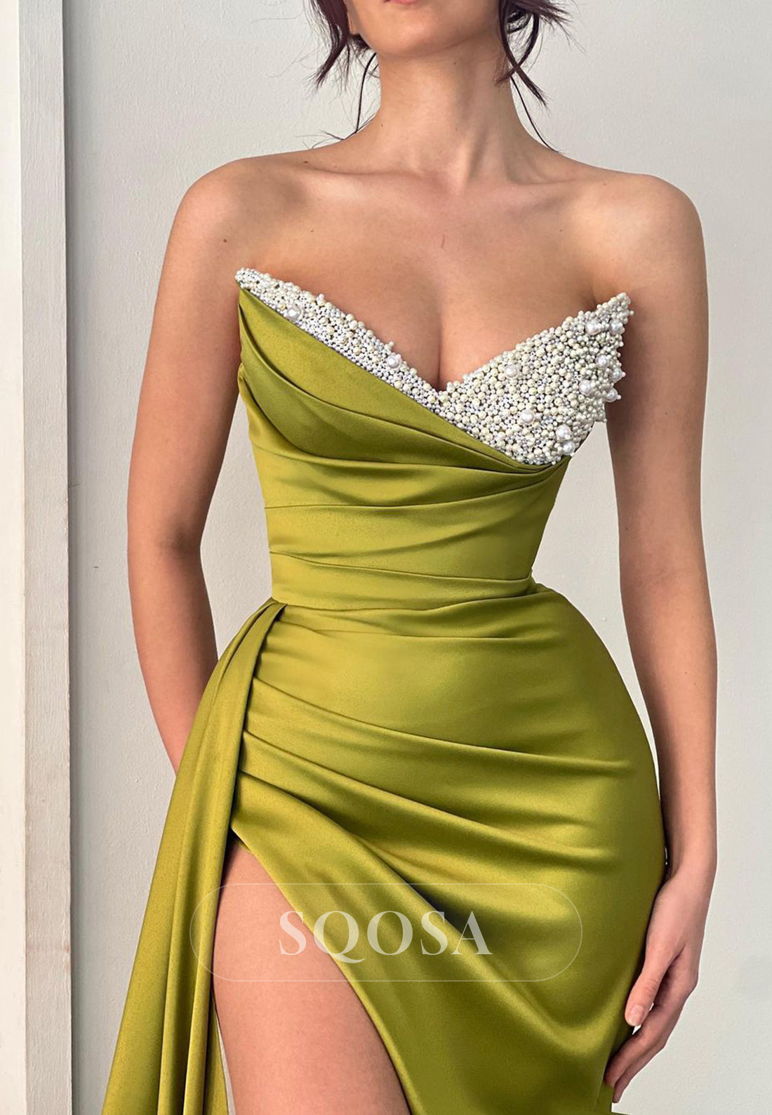 Sexy V-Neck Satin Pleated Beads Long Prom Formal Dress with Slit