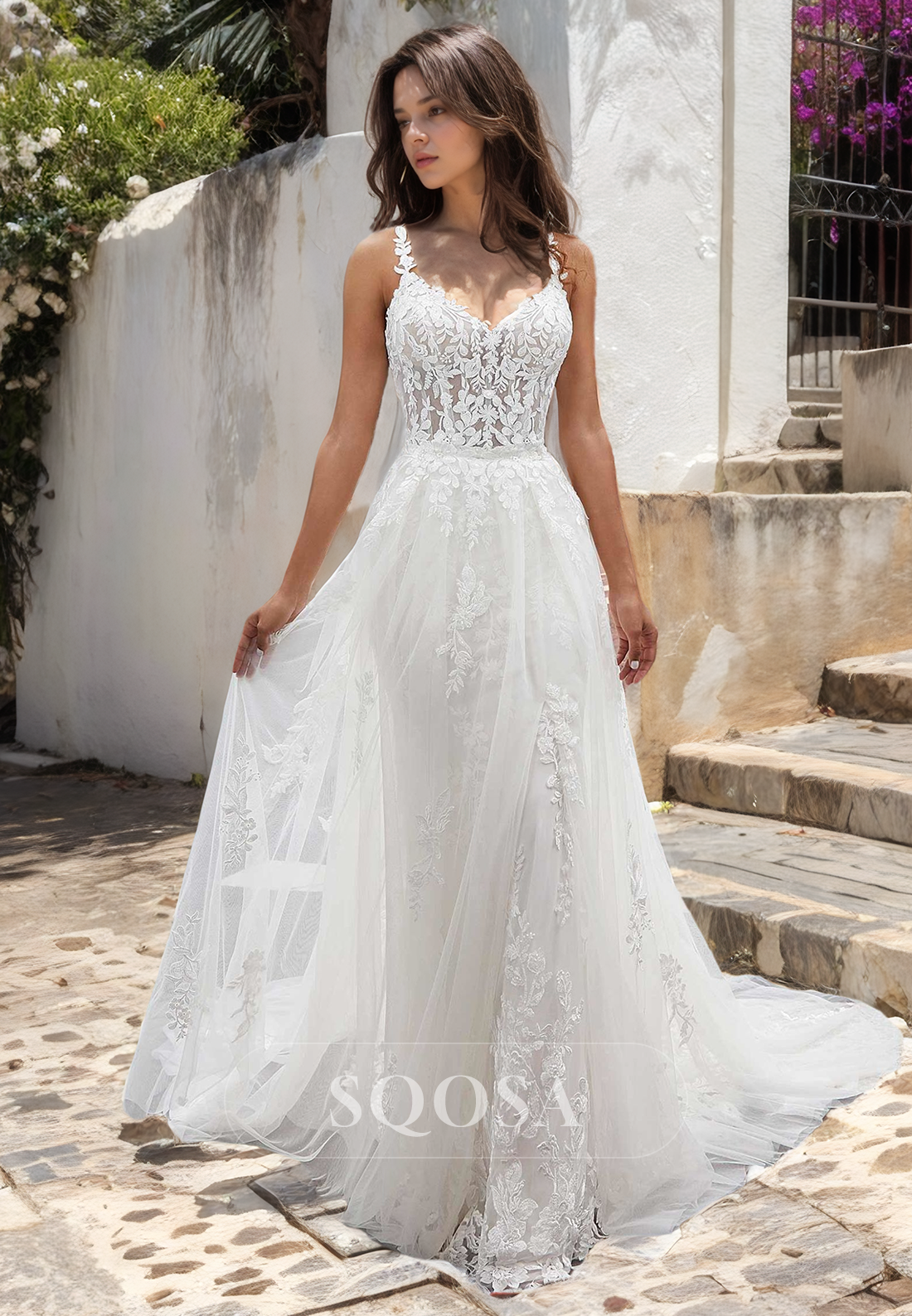 Spaghetti Straps Lace Appliques Romantic Wedding Dress with Overskirt