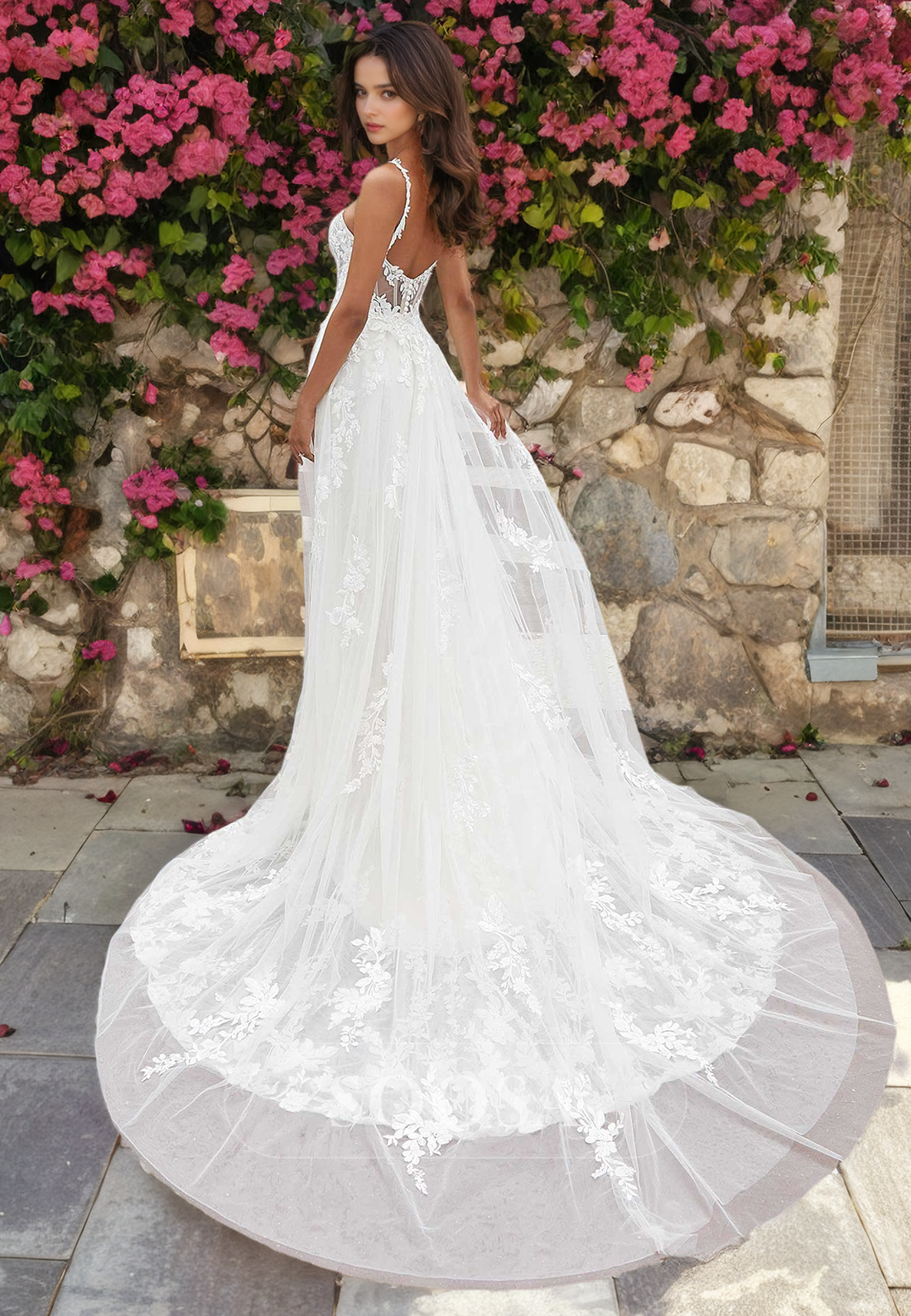 Spaghetti Straps Lace Appliques Romantic Wedding Dress with Overskirt