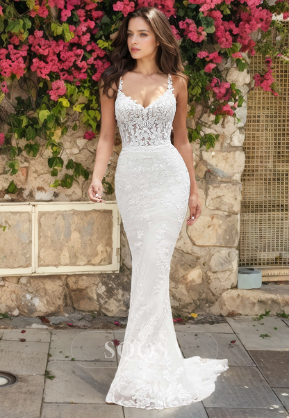 Spaghetti Straps Lace Appliques Romantic Wedding Dress with Overskirt