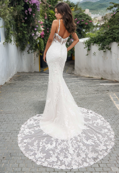 Spaghetti Straps Lace Appliques Romantic Wedding Dress with Overskirt