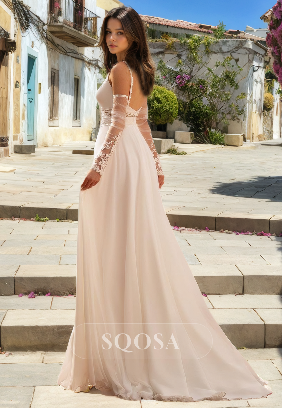 A Line V Neck Chiffon Appliques Boho Wedding Dress with Slit