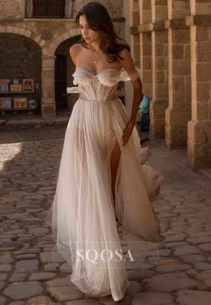 A Line Sweetheart Tulle Boho Wedding Dress with Train Bridal Gown