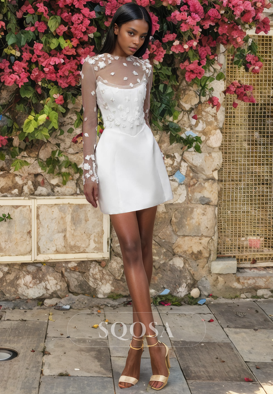 A line Illusion Neckline Appliques Short Beach Wedding Dress