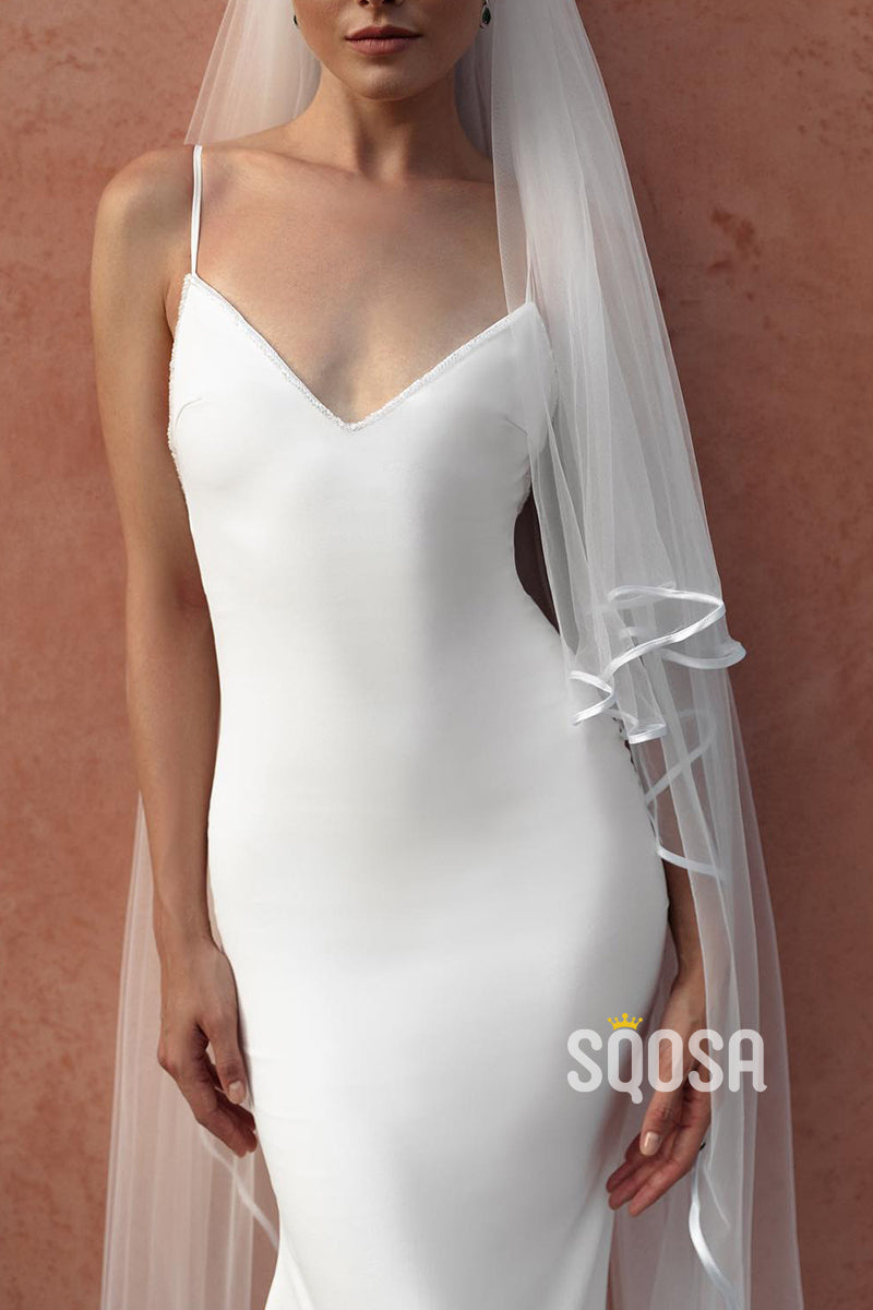 Simple V-Neck Spaghetti Straps Trumpet With Train Wedding Dress QW8137