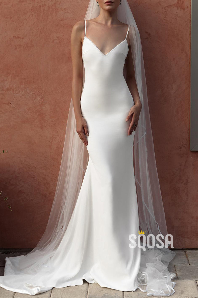 Simple V-Neck Spaghetti Straps Trumpet With Train Wedding Dress QW8137