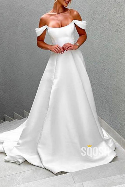 Satin A-Line Bateau Off-Shoulder With Train Elegant Wedding Dress QW8193