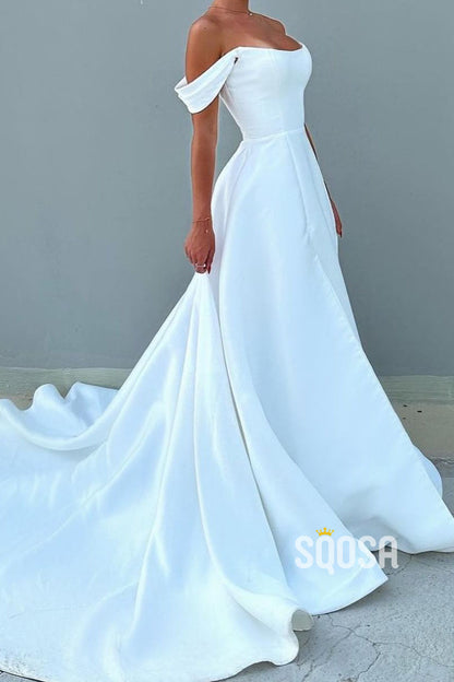 Satin A-Line Bateau Off-Shoulder With Train Elegant Wedding Dress QW8193