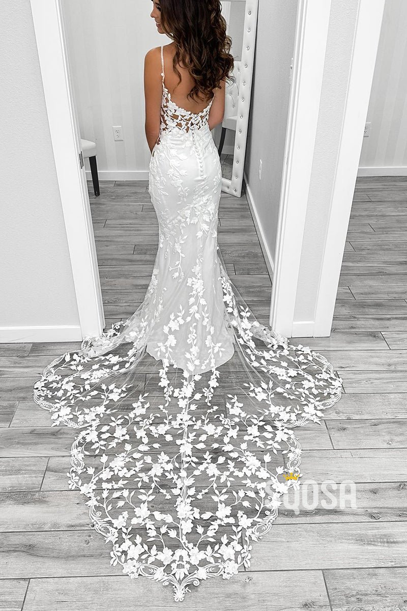 Sexy Satin V-Neck Spaghetti Straps Illusion Lace Applique With Lace Train Wedding Dress QW8162