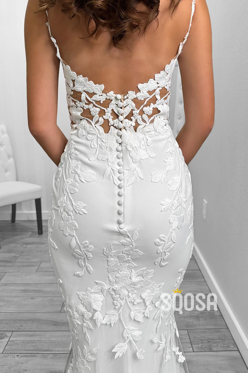 Sexy Satin V-Neck Spaghetti Straps Illusion Lace Applique With Lace Train Wedding Dress QW8162