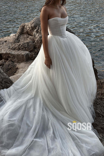 A-Line Tulle Sweetheart Strapless Empire With Train Wedding Dress QW8191