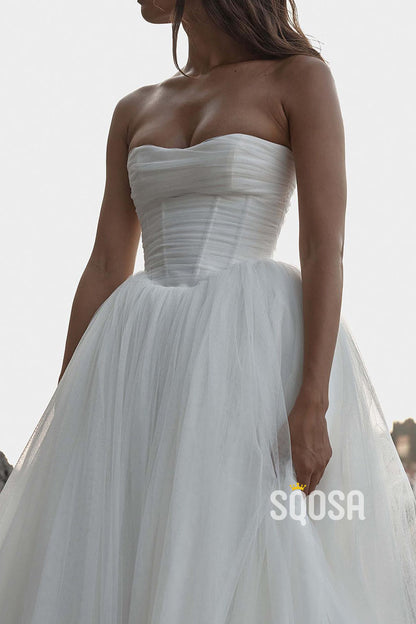 A-Line Tulle Sweetheart Strapless Empire With Train Wedding Dress QW8191