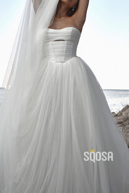 A-Line Tulle Sweetheart Strapless Empire With Train Wedding Dress QW8191