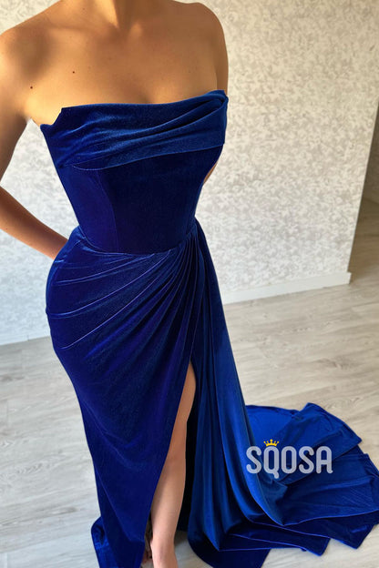 Royal Blue Strapless Velvet Pleats Long Train Split Sexy Prom Dress Party Gown QP0828