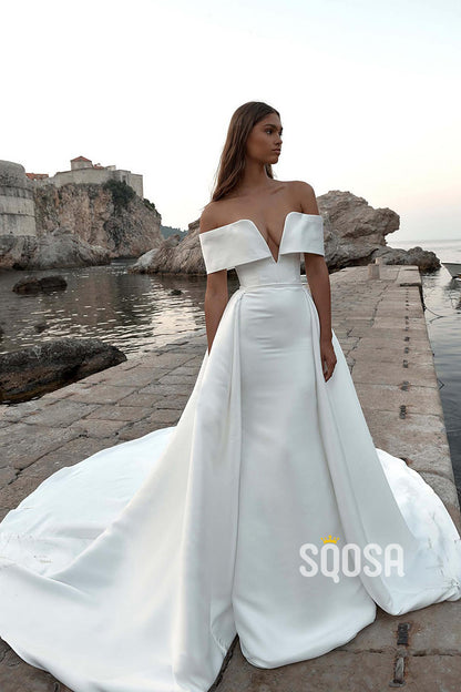 A-Line Off-Shoulder V-Neck Satin Wedding Dress Bridal Gowns With Train QW8057