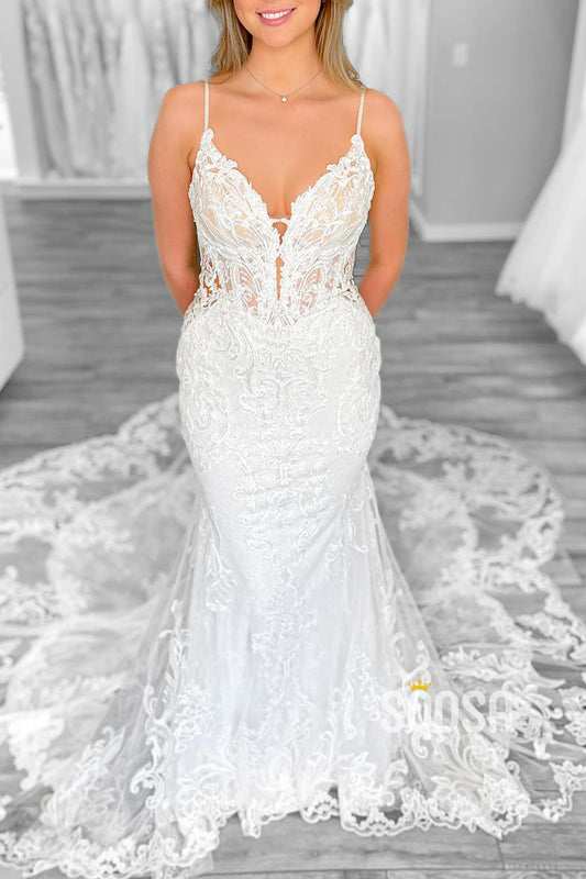 Trumpet V-Neck Spaghetti Straps Lace Applique With Train Wedding Dress QW8161