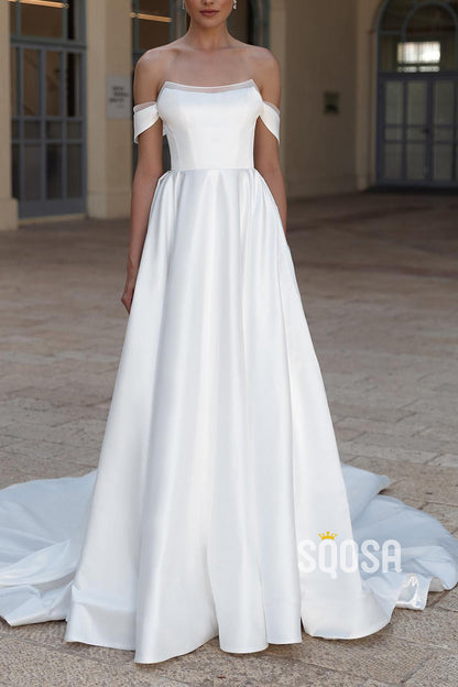 Off-Shoulder Bateau Satin A-Line With Train Wedding Dress QW8131