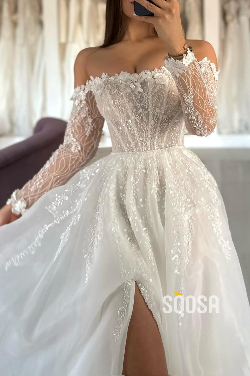 Off-Shoulder Long Sleeve Lace Applique With Side Slit Wedding Dress QW8165