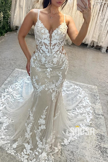 V-Neck Spaghetti Straps Lace Applique Sheer Trumpet Wedding Dress QW8156