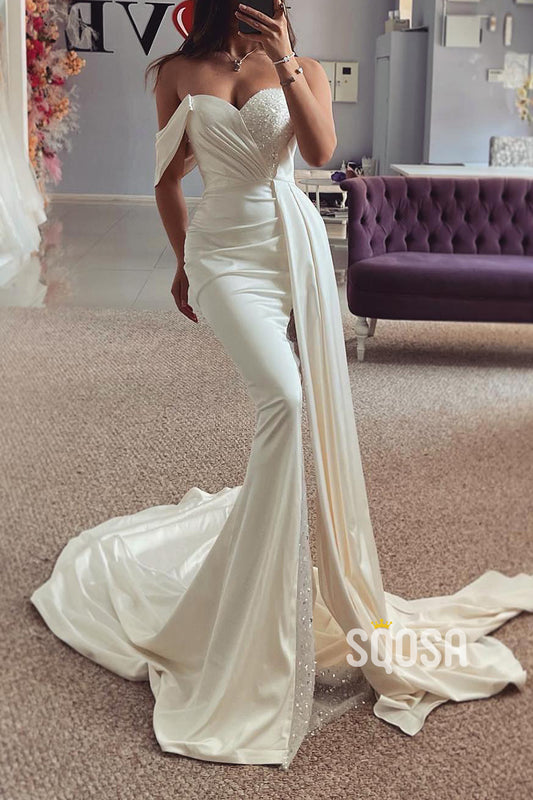 Satin Trumpet Off-Shoulder Pleats Beaded With Train Wedding Dress QW8149