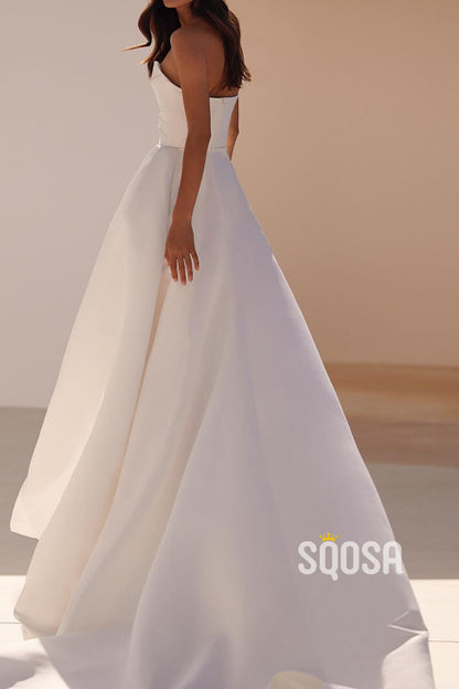 Satin Bateau Sleeveless  Empire Pleats With Side Slit Wedding Dress QW8183