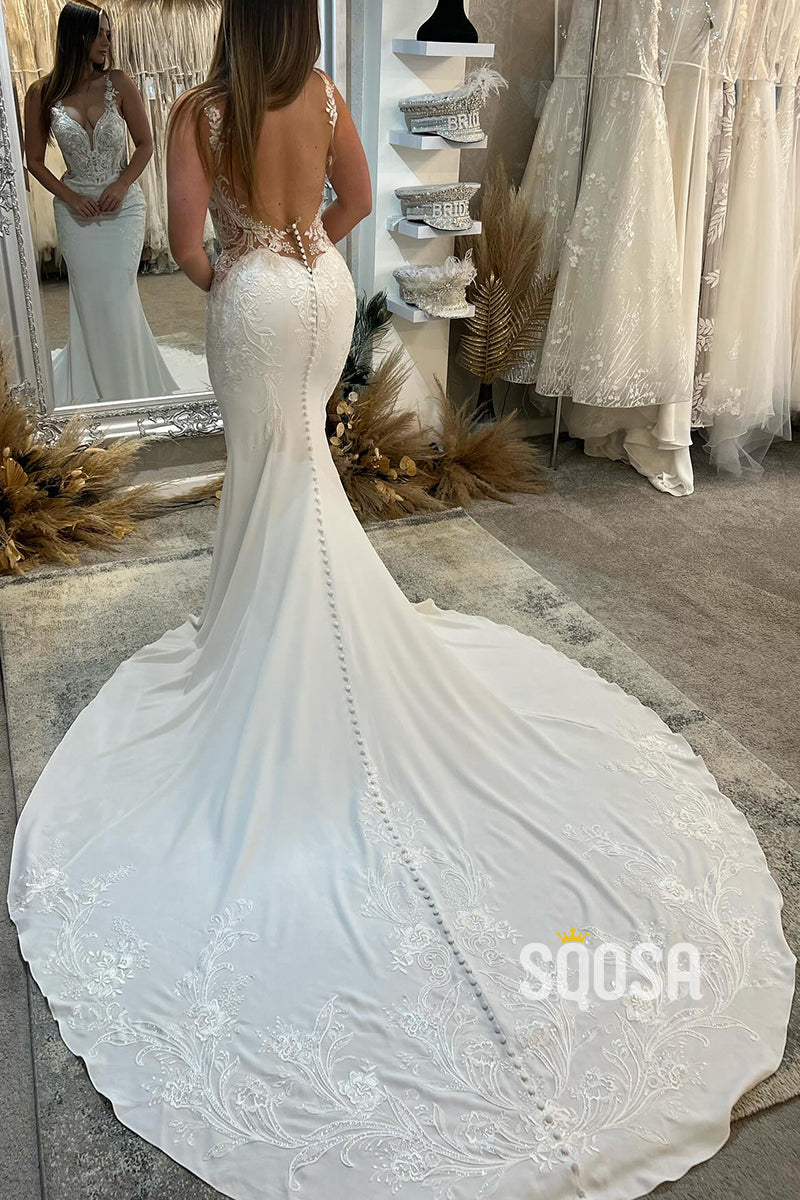 Satin V-Neck Spaghetti Straps Lace Applique Beaded With Train Wedding Dress  QW8160