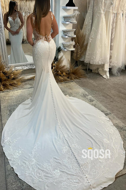 Satin V-Neck Spaghetti Straps Lace Applique Beaded With Train Wedding Dress  QW8160