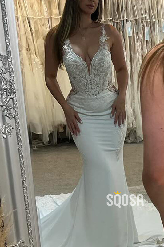 Satin V-Neck Spaghetti Straps Lace Applique Beaded With Train Wedding Dress  QW8160