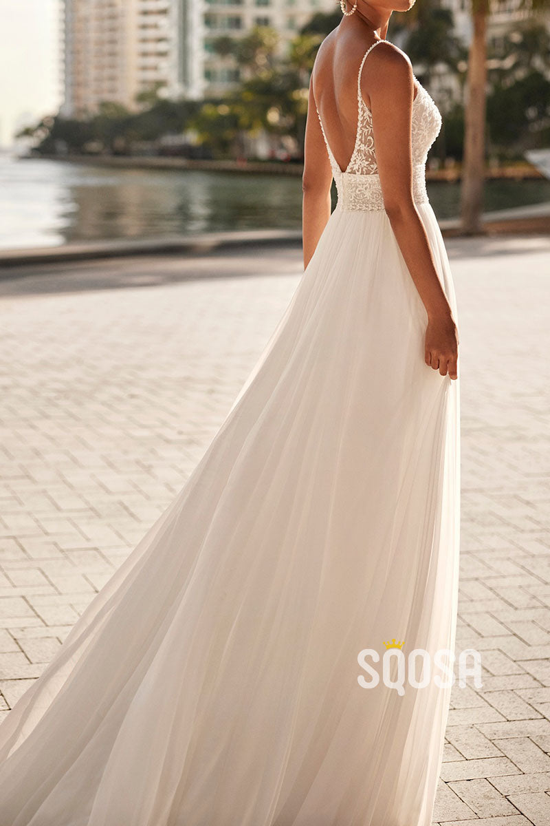 Bateau Spaghetti Straps Lace Applique With Side Slit Tulle Beach Wedding Dress QW8209