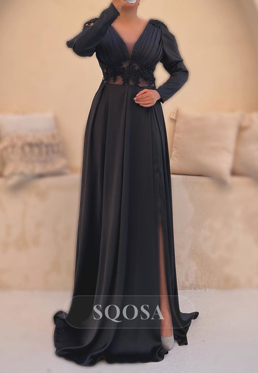 Satin A-Line V-Neck Long Sleeve Appliques Party Prom Evening Dress QP3555